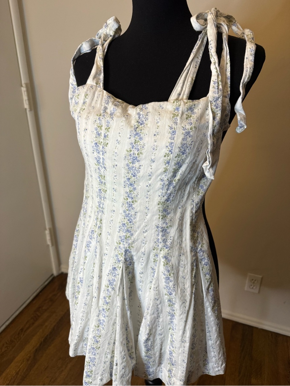 MABLE Floral Tie-Shoulder romper in Light Blue and White
